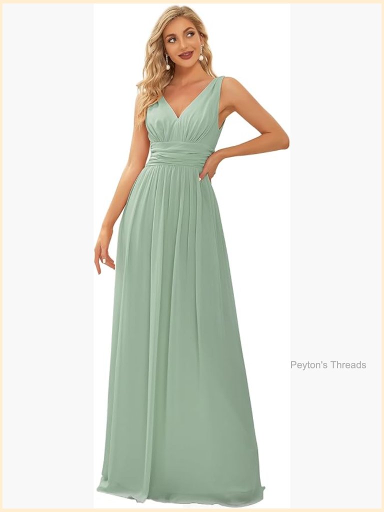 Formal Bridesmaid Dress V-Neck Sleeveless A Line Chiffon Floor Length